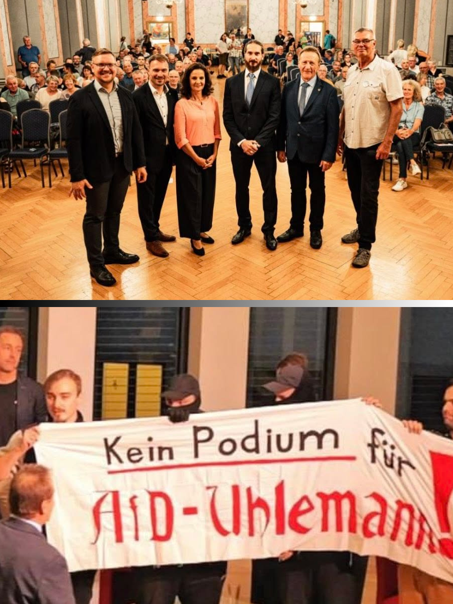Steve Ittershagen, Philipp Preißler, Kathrin Huss, Stefan Krinke, Jens Uhlemann und Andreas Schettler (FF), Störer mit Transparent (TUBAF)